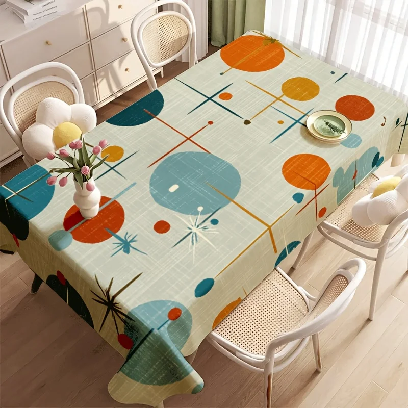 Mid Century Tablecloth, Light Beige Base With Color Circle Line Print,Rectangular Table Cover for Stylish Home Table Party Decor