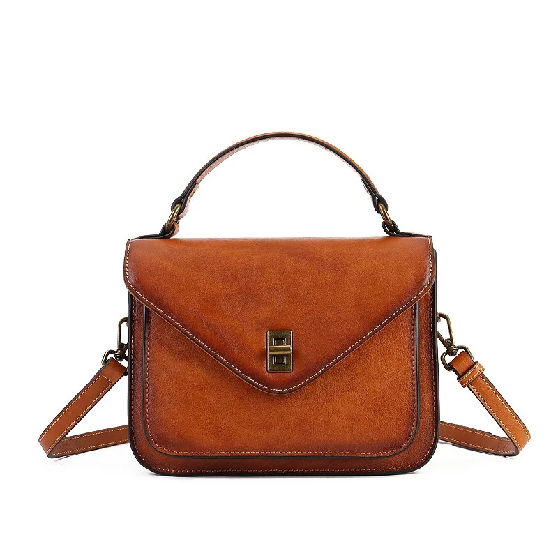 Women's Luxury Vegetable-Tanned Genuine Leather Flap Crossbody Bag Vintage Elegant Top Handle Daily City Gold-Tone