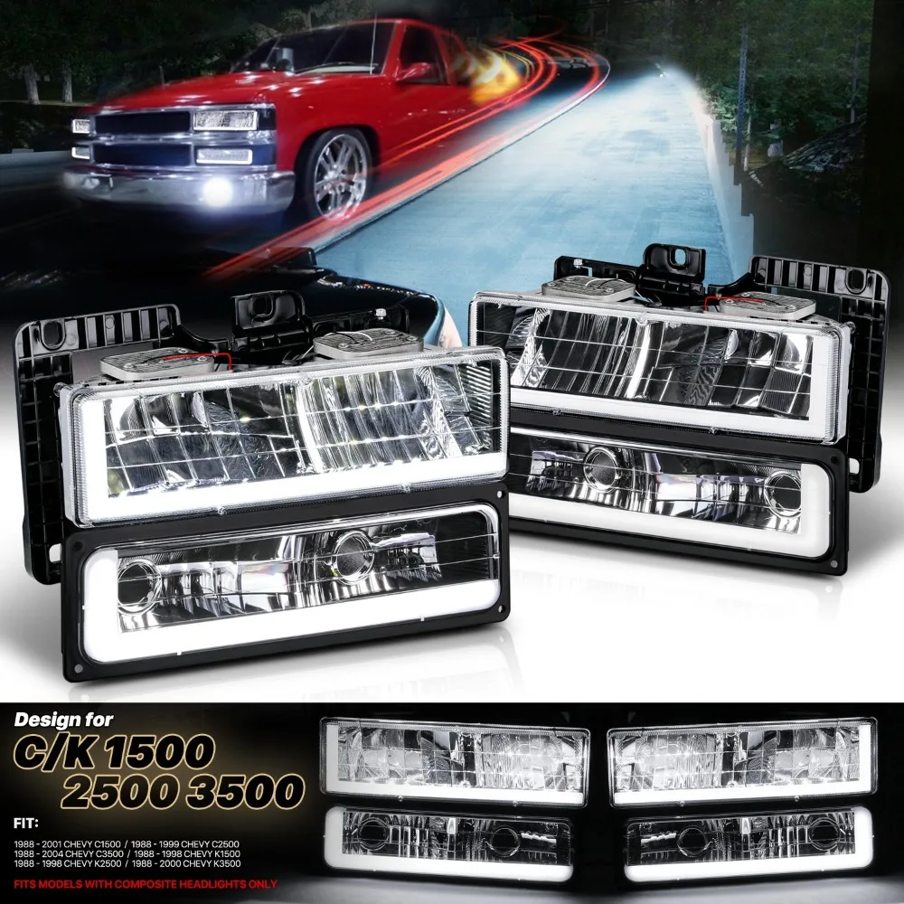 

Black Housing [DRL LIGHT BAR+LED BULB] Headlight for 88-93 Chevy C/K GMC Pickup