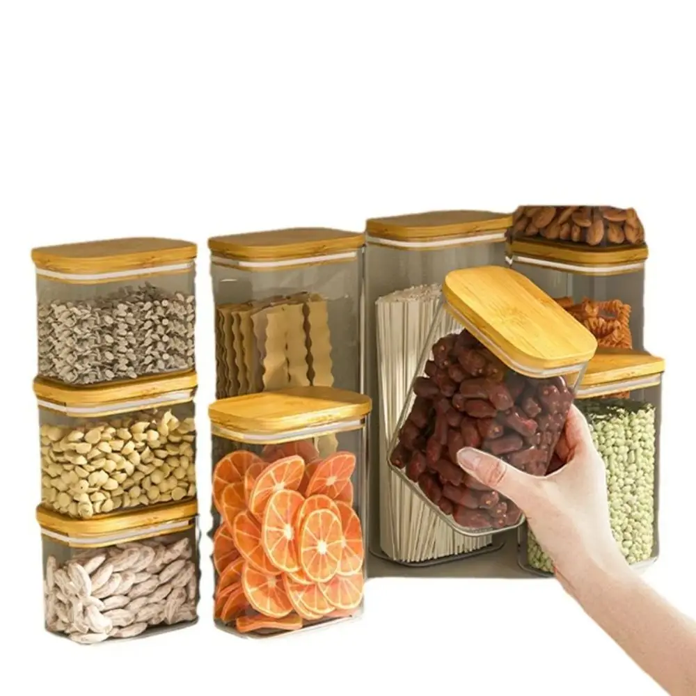 Square Sealed Plastic Food Jar Bamboo Cover Kitchen Cereal Jar Storage Box Transparent Tea Storage Jar Kitchen Supplies