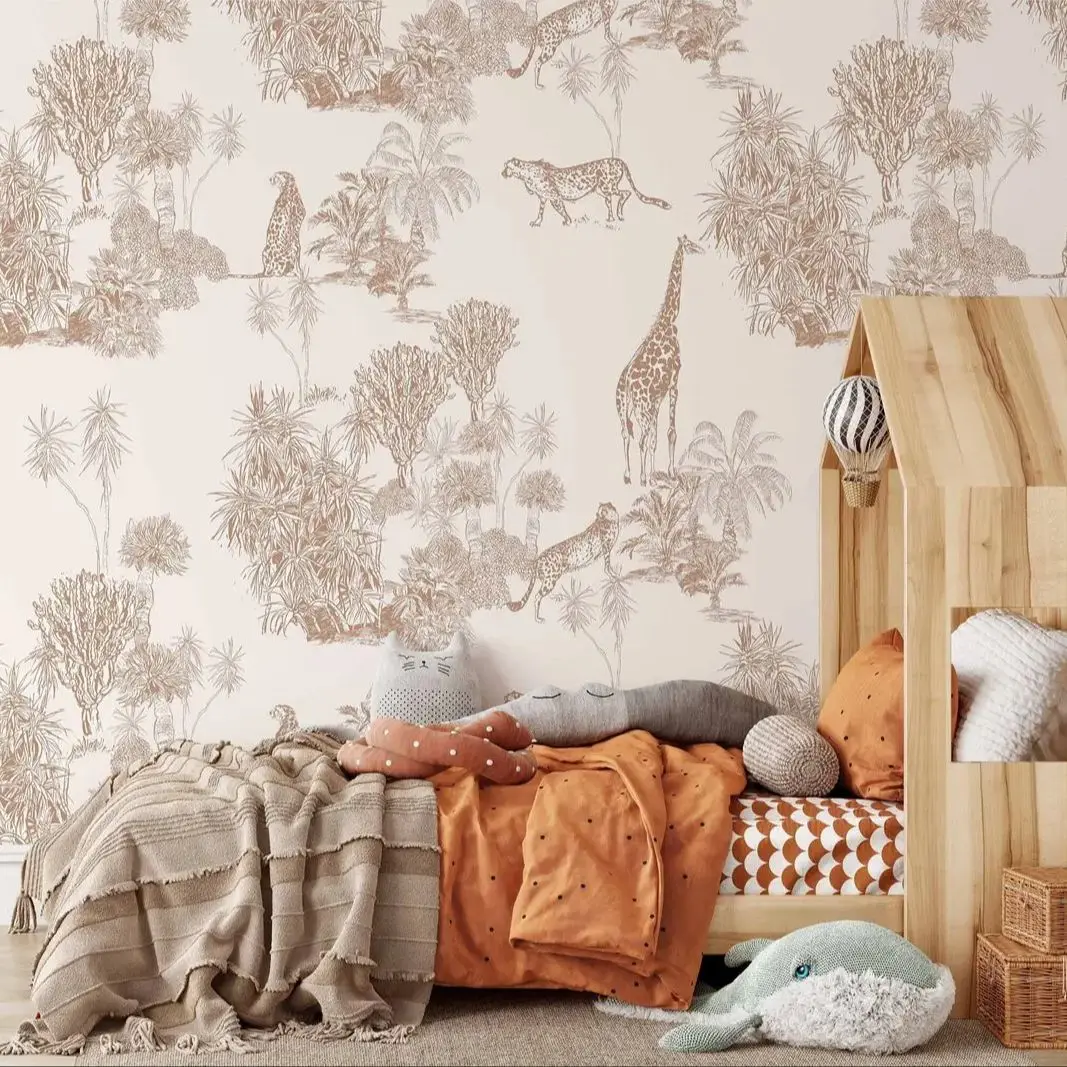 The Minimal Jungle Wallpaper Mural,Tropical Palms Animal Giraffe and Cheetah Peel and Stick Wallpaper For Children's Room Decor