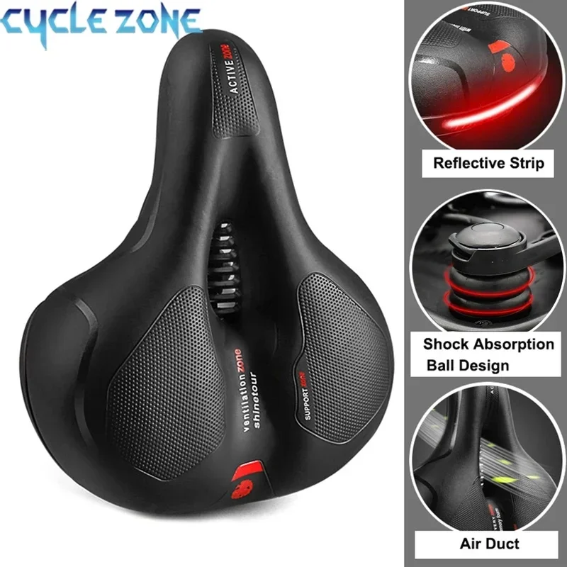 Hollow Breathable Bicycle Saddle, Shock Absorbing Comfort Wide Bike Seat for Men Women, MTB Road Bike Saddle With Safety Warning