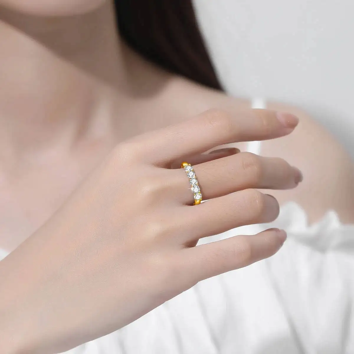 JH GRA-Zertifikat, Original, massiver Goldring mit 4 mm Moissanit für Damen, 5 Steine, 925er Silber, luxuriöser Schmuck, Verlobungsgeschenk, Trend – Detail 6