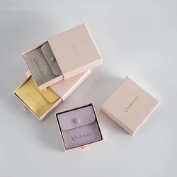9*9*1.7cm Light Pink Paper Drawer Packaging Jewelry Box And Microfiber Button Bag Custom Logo Sliding Gift Box with Suede Pouch