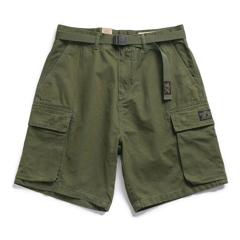 Japanese Style Summer Workwear Shorts Men's Retro Loose Straight Large Pocket Casual Cargo Short Pants Cotton Adjustable Belt