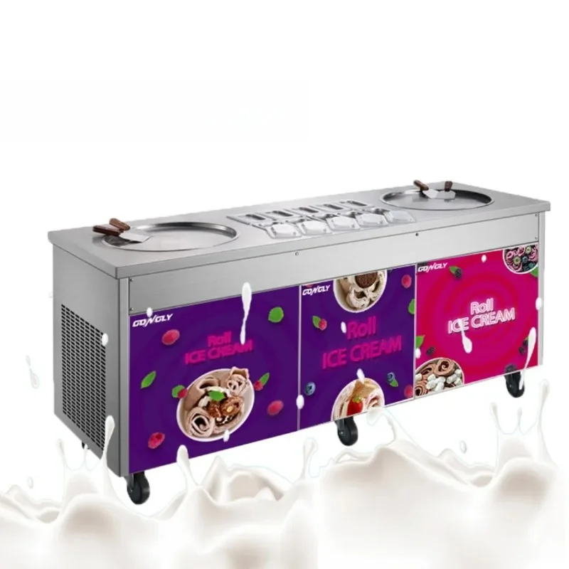 #Commercial Rolled Ice Cream Machine 2800W Double Pan Ice Cream Roll Maker with Cabinet Fried Ice Cream Roll Machine