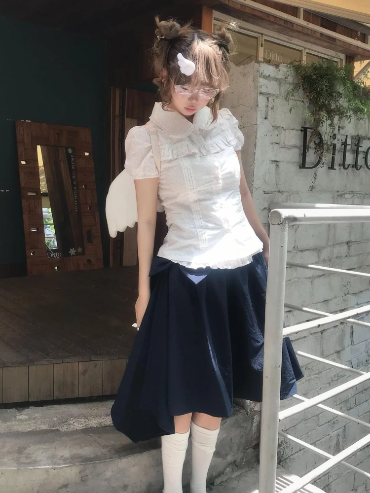 

Japanese Sweet Short Sleeve Lace Patchwork T-Shirt + Bow Midi Skirt Two-Piece Set Women Casual Button Floral Spring Summer