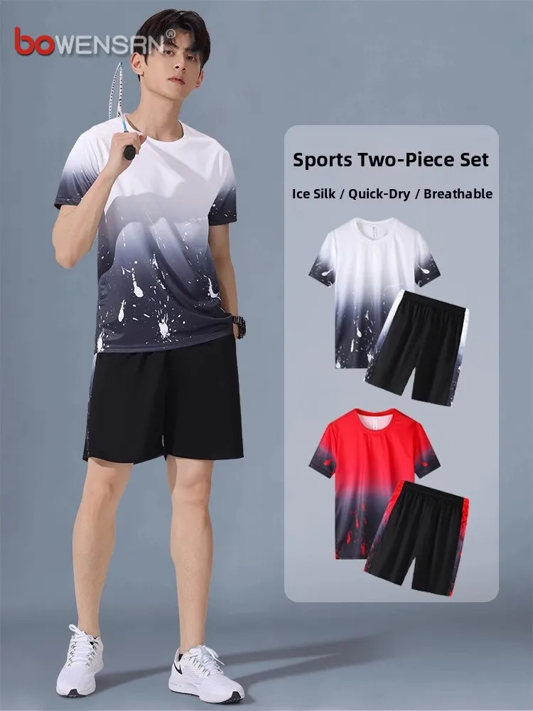 

Мужской летний спортивный комплект из ледяного шелка: футболка с коротким рукавом и быстросохнущие брюки для бега и фитнеса. Новинка для молодежи.