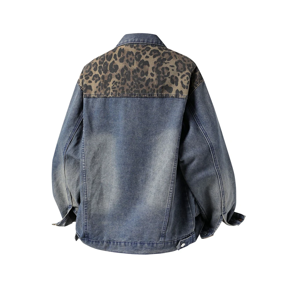 Men Vintage Leopard Patchwork Denim Jacket Harajuku Hip Hop Streetwear Jeans Jacket Retro Jackets Outwear for Male Unisex