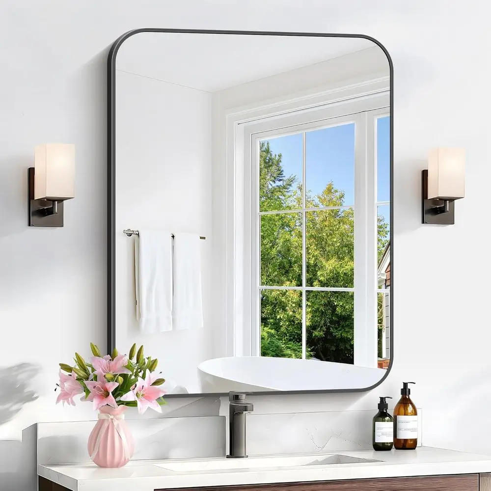 

30x24 Inch Black Metal Framed Round Vanity Mirror - Wall Mount for Bedroom, Living Room - Hangs Horizontally or Vertically