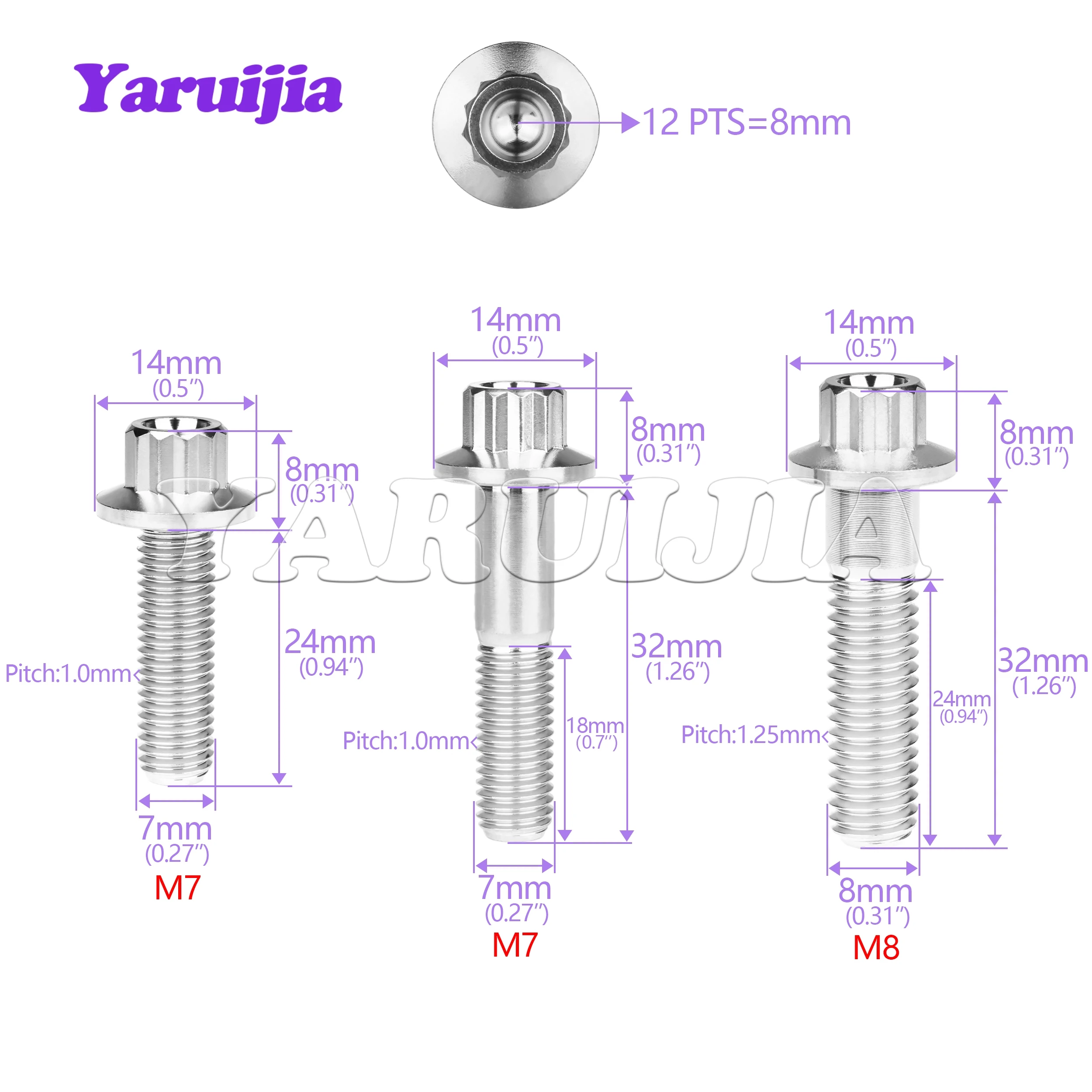 Yaruijia 6PCS Titanium Ti Bolt M7/M8x24/32mm 12 Points Flange Head Screws for Car Wheel Split Rim fasteners