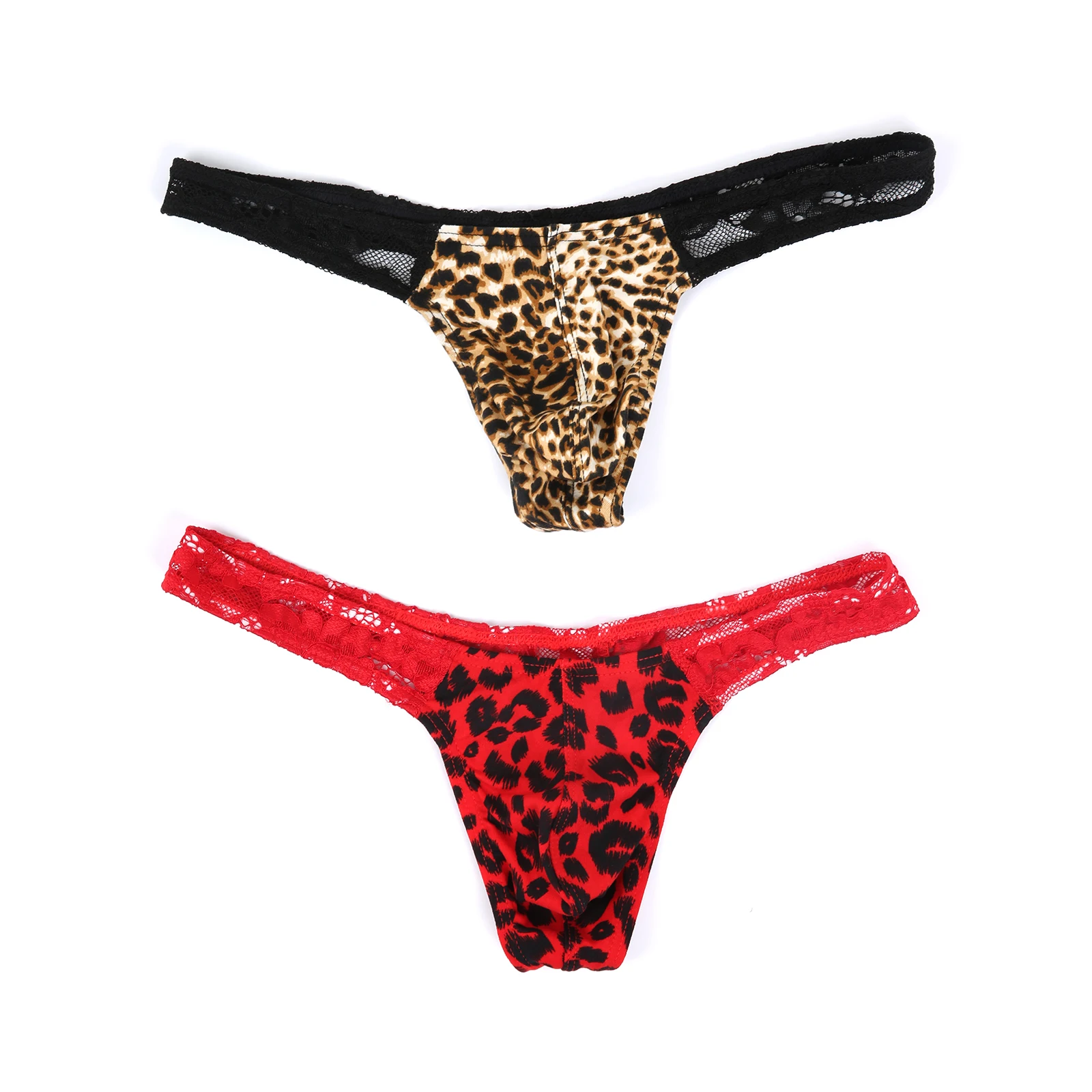 Mens Lace Thong Elastic T-Back Underwear Lace Sheer Low Waist G-String Underpants Leopard Breathable Bulge Pouch Panties Hombre view 4
