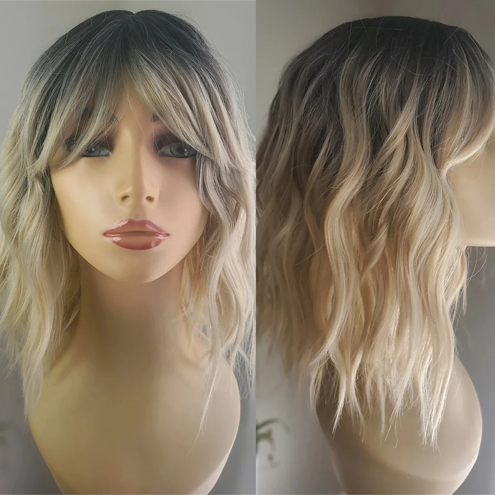 Rooted Blonde Wavy Bob Wig with Bangs Textured Short Length Blonde Wavy Bob Wig Highlighted Blonde Loose Wave Fringe Fibre