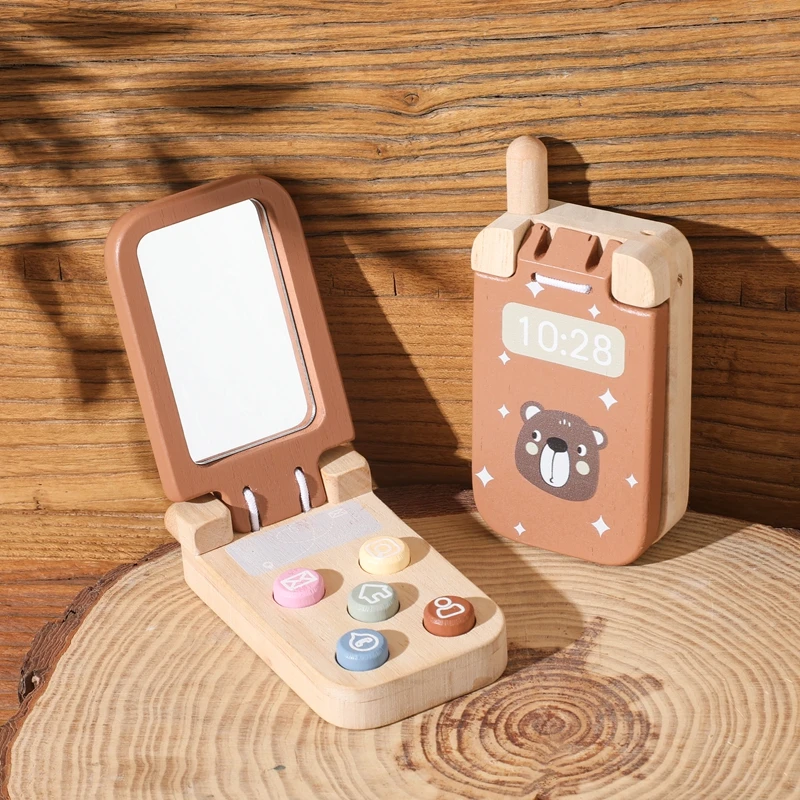 

Cartoon Bear Wooden Simulation Flip Phone Baby Montessori Toys Mobile Early Learning Puzzle Toys Finger Movement Games