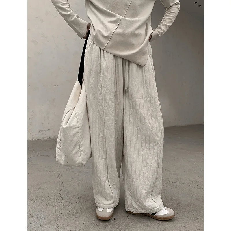 2024 Autumn/Winter New Retro Art Vertical Embossed Casual Pants with Cotton and Velvet Thickened Straight Leg