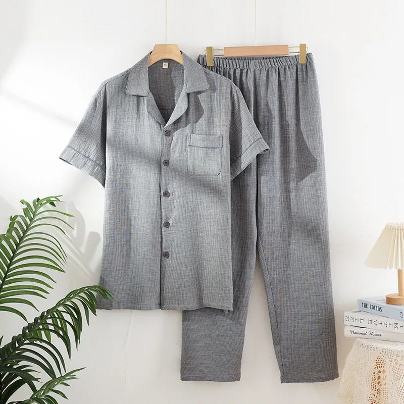 

2025 New Spring/Summer Men's Pajama Set 100% Cotton Thin Short Sleeve Pants Large Size Checkered Home Furnishing Set