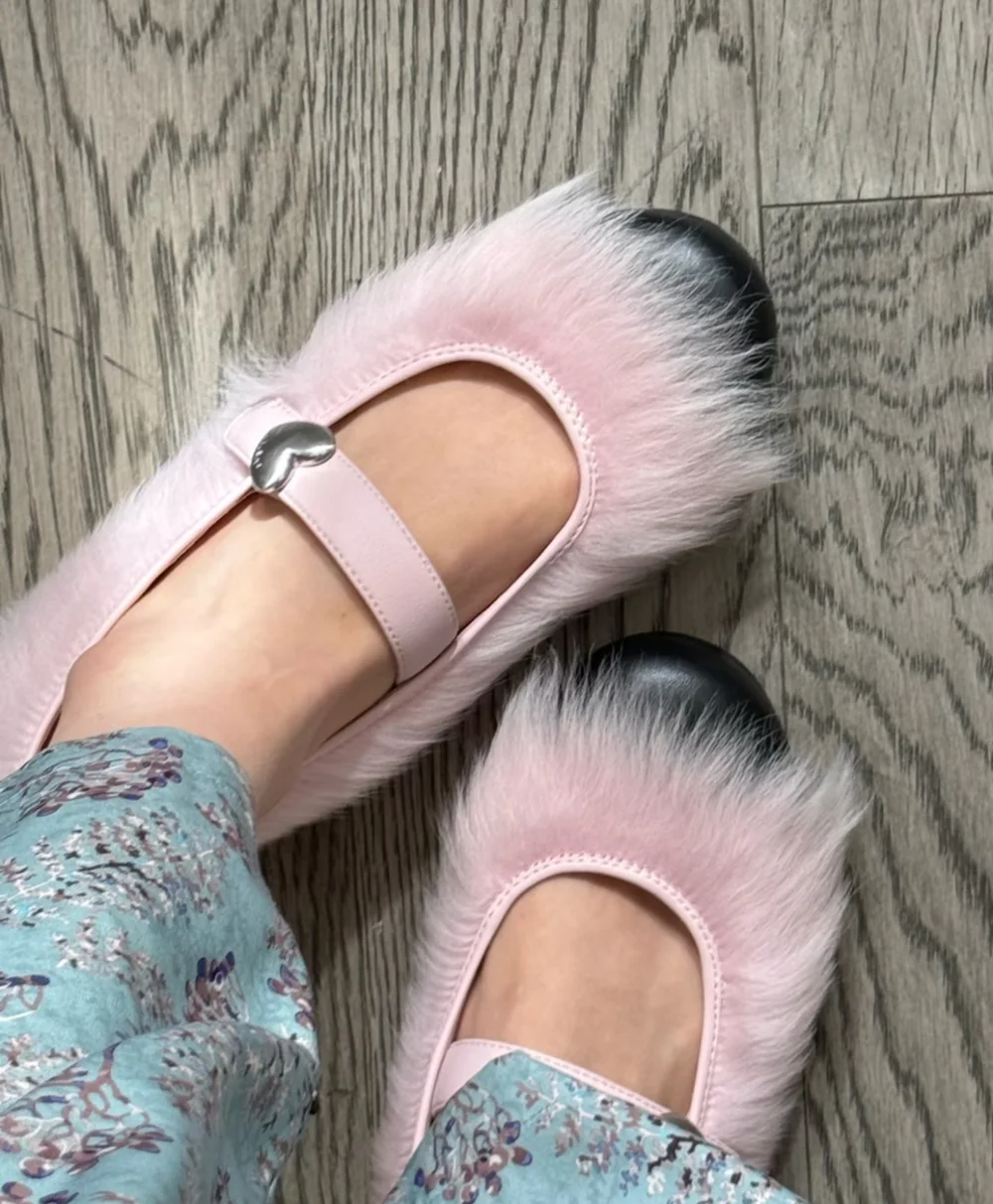 White Faux Fur Mary Jane Flats Black Leather Toe Cap Heart-Accented Strap Cute Round-Toe Sweet Winter Casual Everyday Outfits view 5