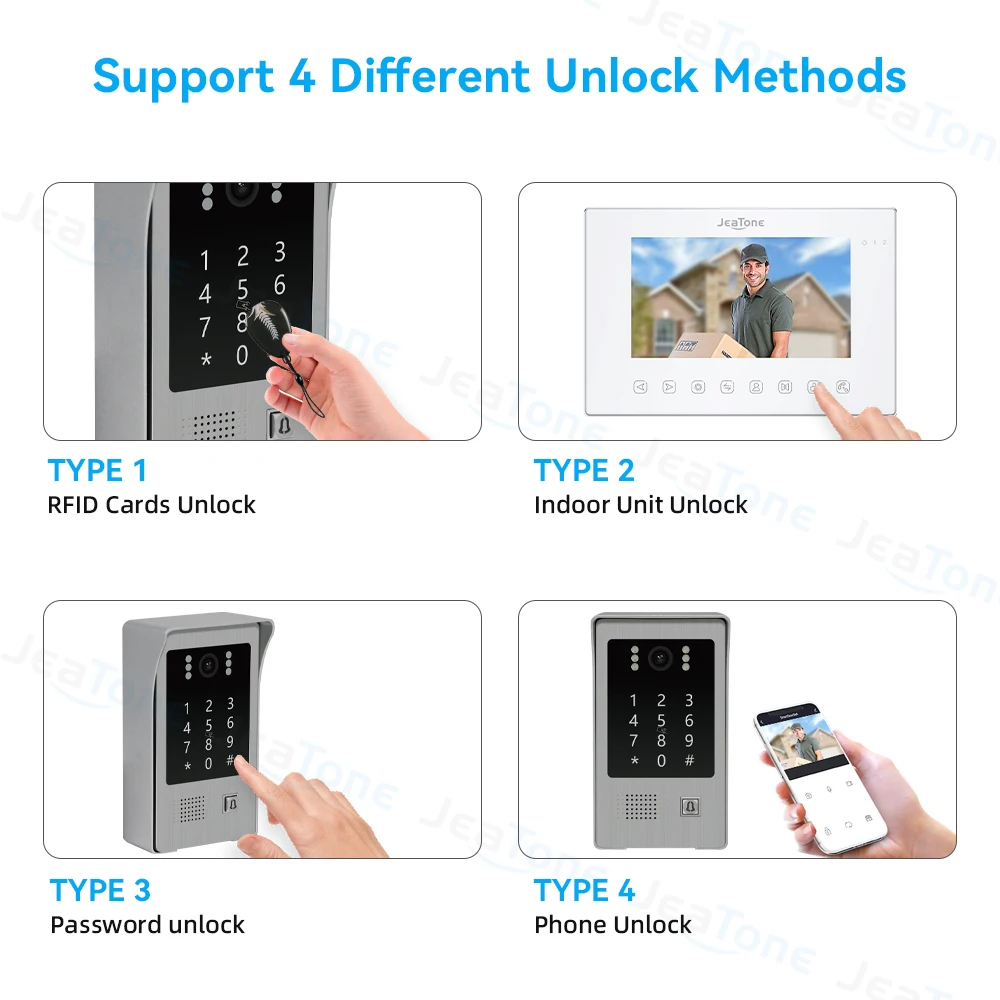 Jeatone 7Inch Tuya Wirless Wifi 1080P Video Intercom For Private Home System Doorbell with Support Record Password RFID Card