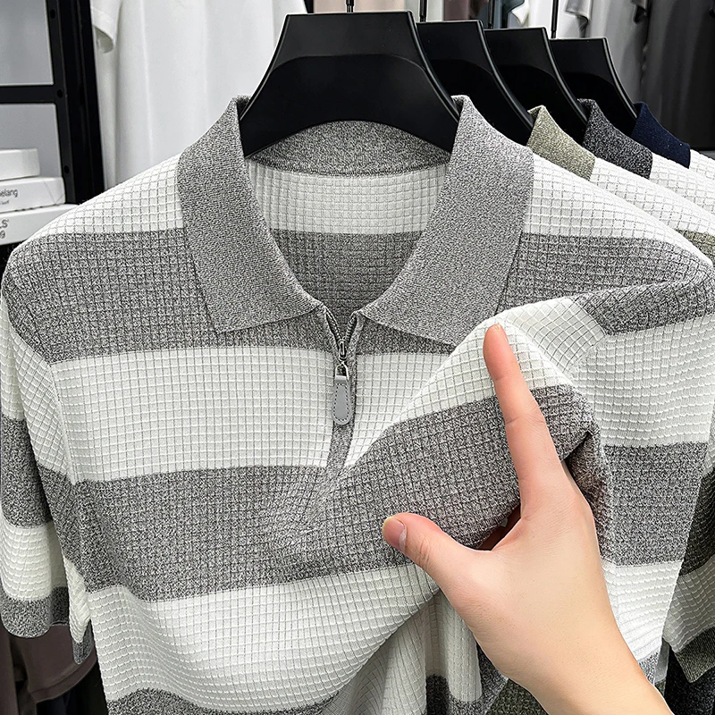 100% Lyocell Wide Stripes Knit Polos 2026 Spring Summer Trendy Zipper Knitwear Short Sleeve Breathable Knitting Tops Pullover