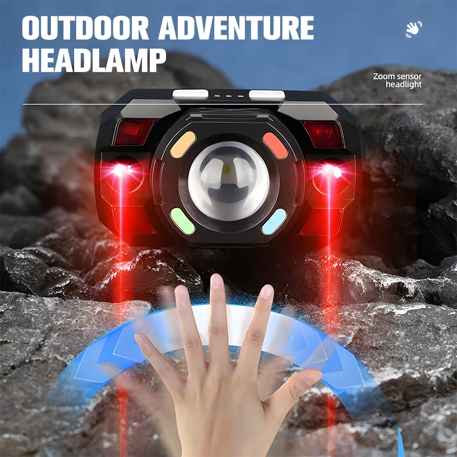 LED Sensor Headlamp Built-in Battery Rechargeable Zoom Head Flashlight 5 Lighting Modes Head Torch Camping Fishing Search Light