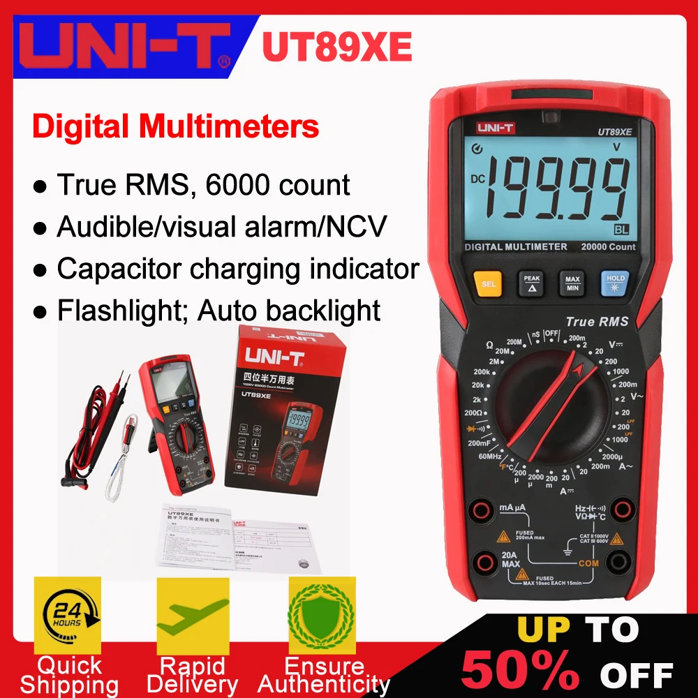 UNI-T UT89XE Digital Multimeter Professional Tester True RMS Manual Range DC AC Voltmeter Ammeter Capacitor Temperature Meter