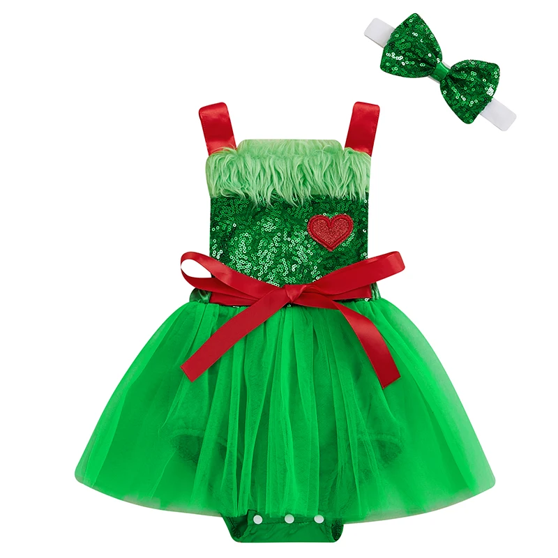 

Baby Girl Christmas Outfit Sequin Fuzzy Trim Sleeveless Romper Dress Bow Headband 2 Piece Set