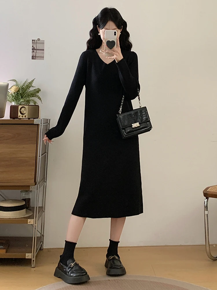 

Комплект из двух предметов: модное универсальное платье-свитер свободного кроя с эффектом похудения для женщин, большие размеры, осенне-зимний новый стиль