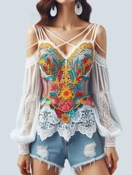 Sexy Hollow Out Floral Printed Women Blouses V-Neck Elegant Long Sleeve Lace Shirts Autumn Female Strapless Blouse Casual Tops