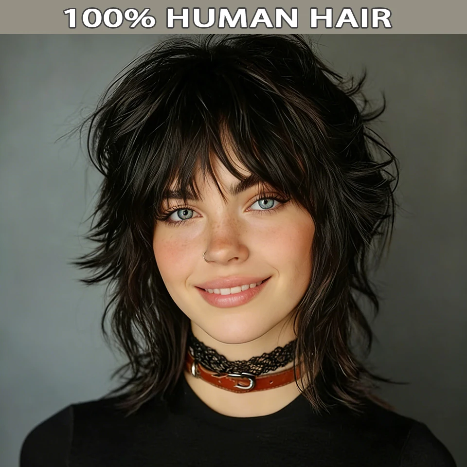 

Женский парик из натуральных бразильских необработанных человеческих волос, черный, с челкой, короткий, в стиле «волчий хвост» и «пикси», полностью машинной работы