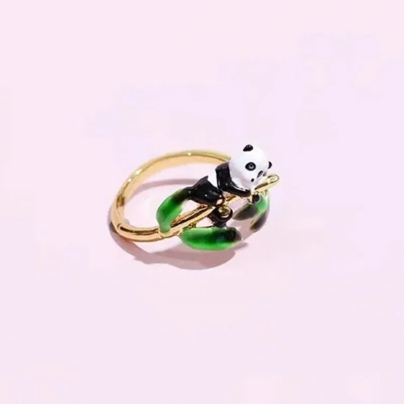 Bohemia Rural Style Cute Panda Drip Oil Adjustable Ring for Women, Green Bamboo Leaf Enamel Jewelry, Finger Decoration for Femal