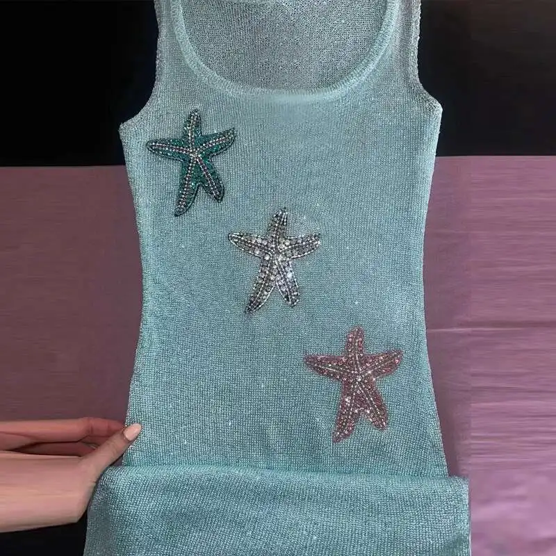 

Sea Star Embroidered Knitted Women's Long Casual O Neck Sleeveless Holiday 2025 Summer Vacation Sexy Slim Robe Dress