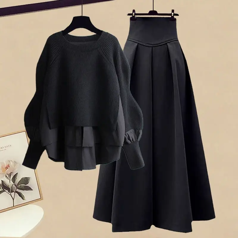 

Ele Knitted Sweater And High Waist Skirt Set Women's Korean Design Autumn Winter Faion plus Size Casual Sle Two ...