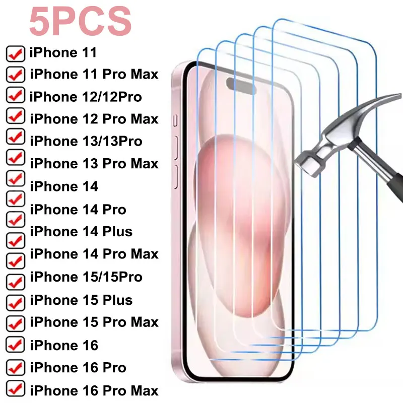 

5PCS HD Tempered Glass on for iPhone 11 12 13 14 15 Pro Max 13 Mini Screen Protector for iPhone 16 Pro Max 15 Plus Glass Film