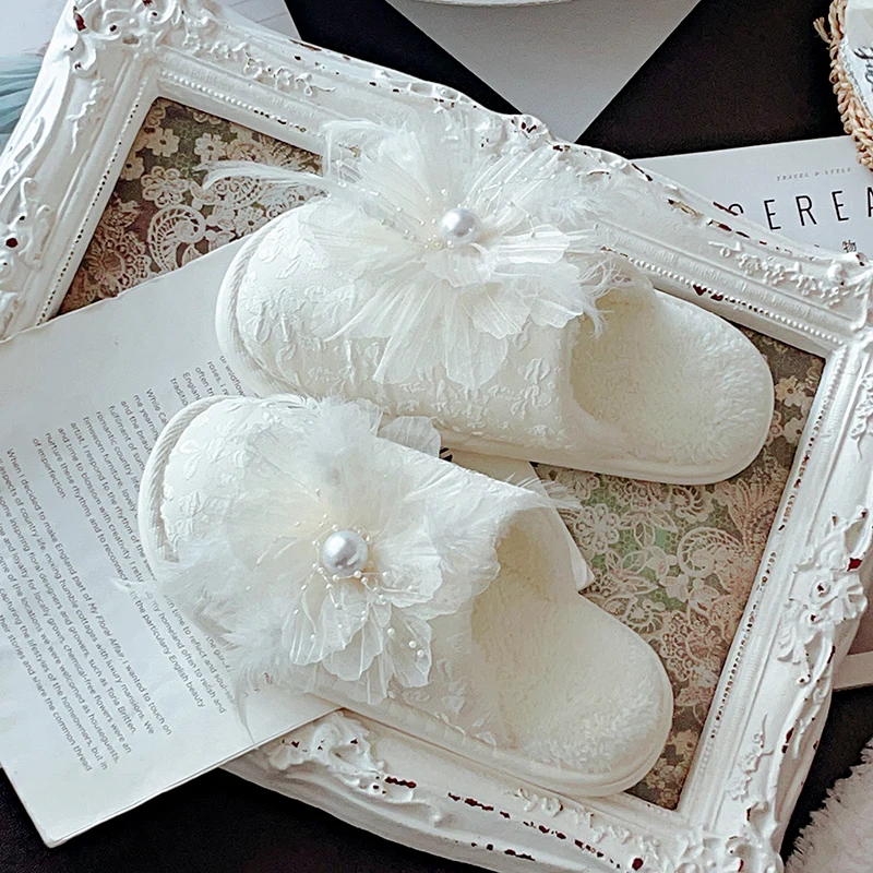 Lolita French Fairy Romantic Flower Cotton Slippers Women New Style With Velvet Thick Bottom Anti Slip Home Cotton Shoes Indoor