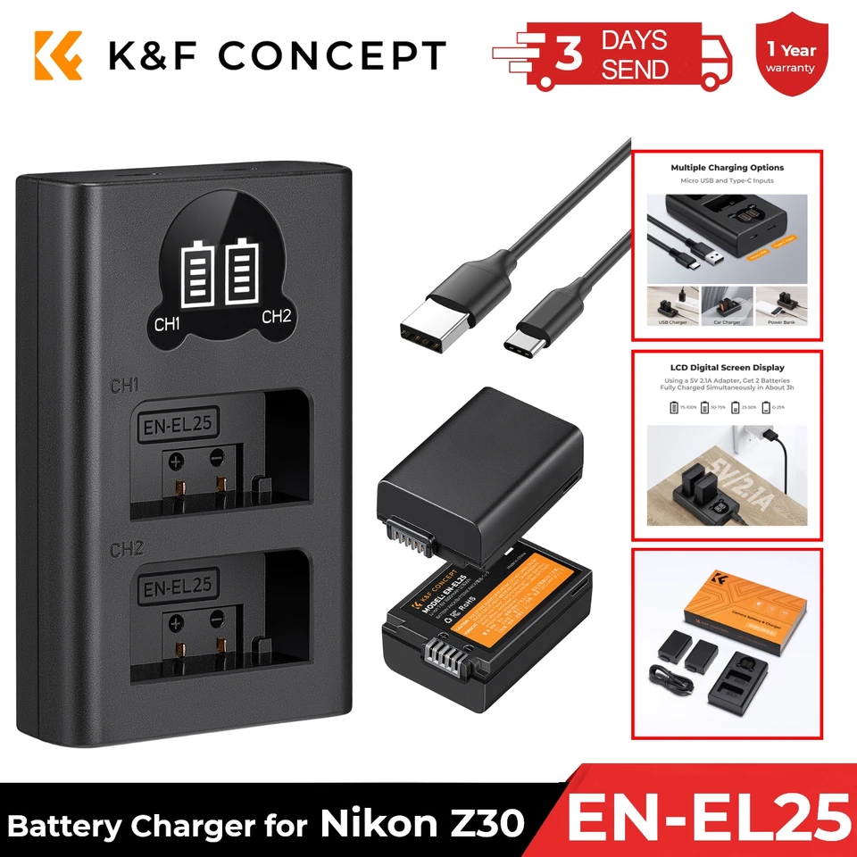 K&F CONCEPT EN-EL25 Battery & Charger Set for Nikon Z30 Z50