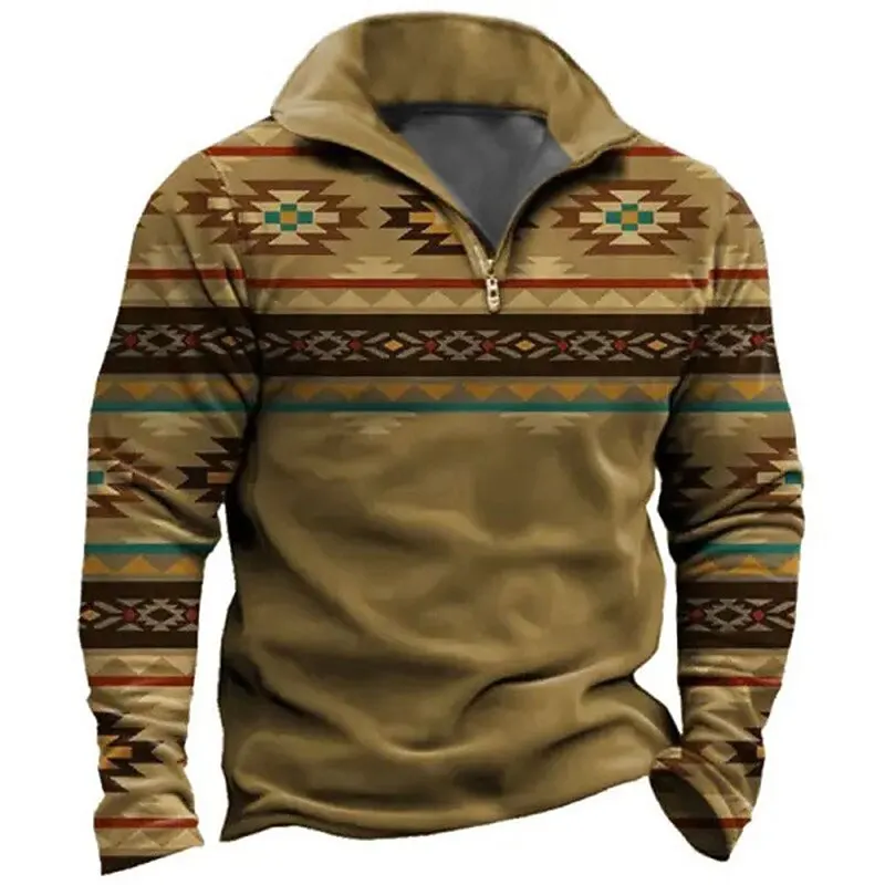 3D Vintage Print Men's Zipper Sweatshirt Fashion Classic Zip Collar Long Sleeve Pullover Autumn Daily