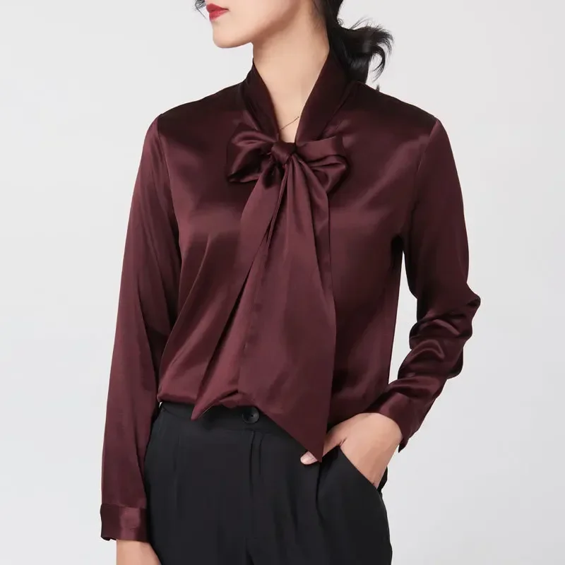 Heavyweight Mulberry Silk Shirt Women's 2024 Spring And Autumn New Long Sleeve Satin Silk Blouse V-neck Bow Ribbon Shirt