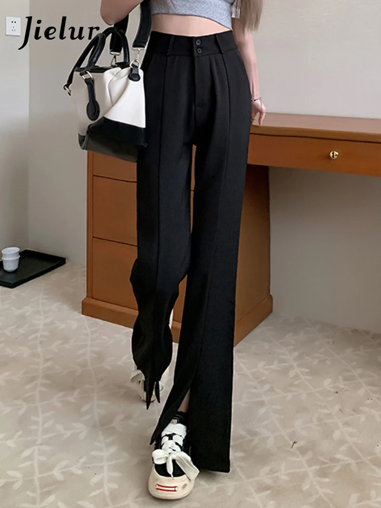 

Jielur Черные Сплит Высокой Талией Чистый Цвет Костюм Брюки Тонкие Свободные Полная Длина Модные Женские Широкие Брюки Летние Синие Женские Брюки