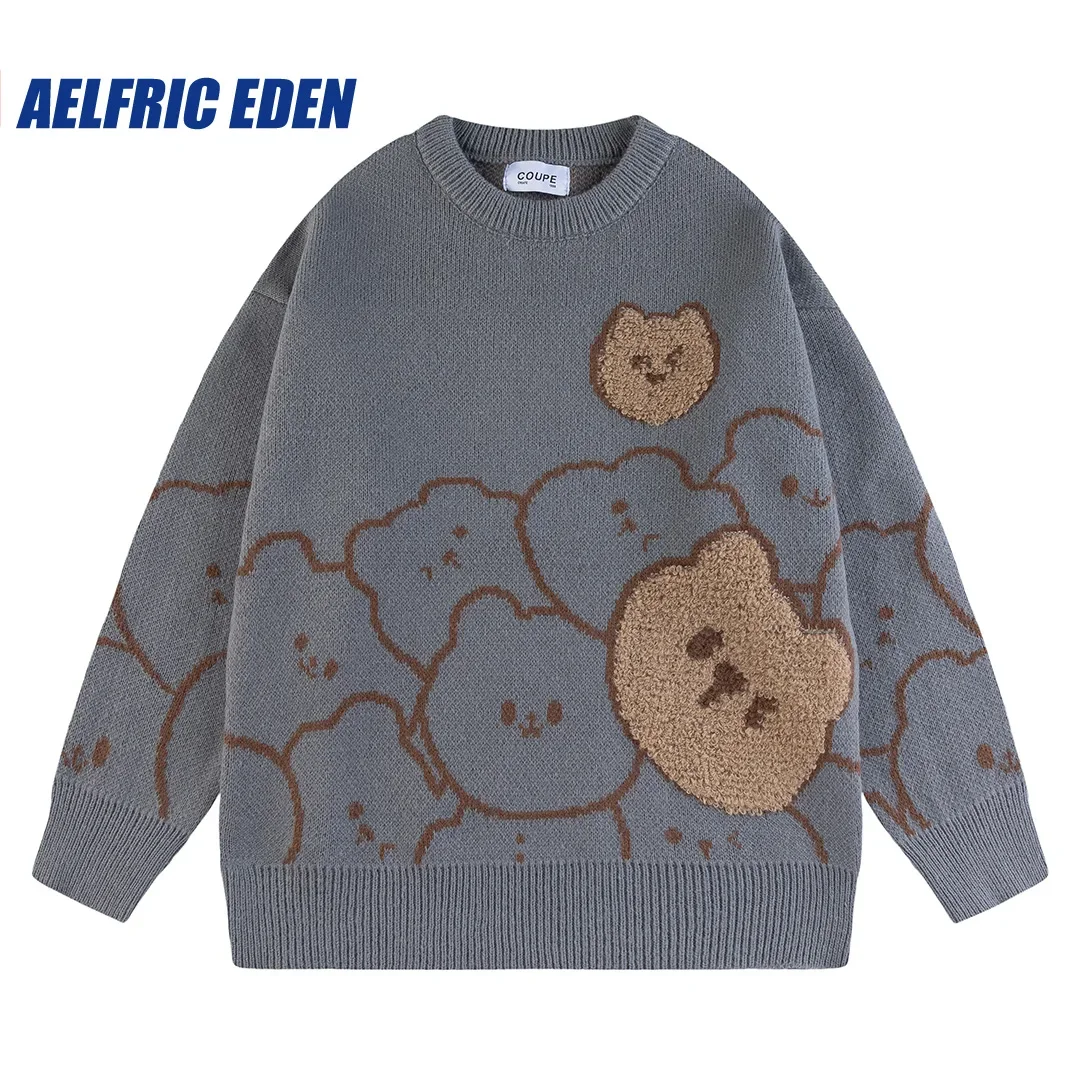 Vintage Cardigan Oversized Bear Sweater Japanese Harajuku Cartoon Women Knitted Sweater Hip Hop Streetwear Loose Knitwear Tops