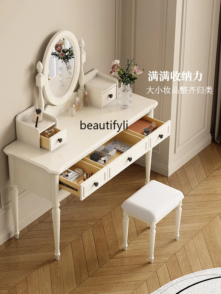 American-Style Solid Wood White Dressing Table Simple Bedroom Multi-Functional Makeup Table Mirror Integrated