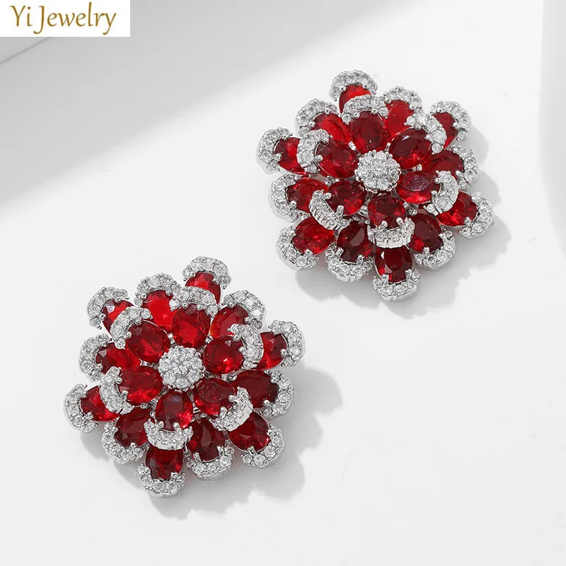 

sparkling zirconia flower stud earrings women wedding evening party daily wear red green blue pink 3D flower earrings sweet