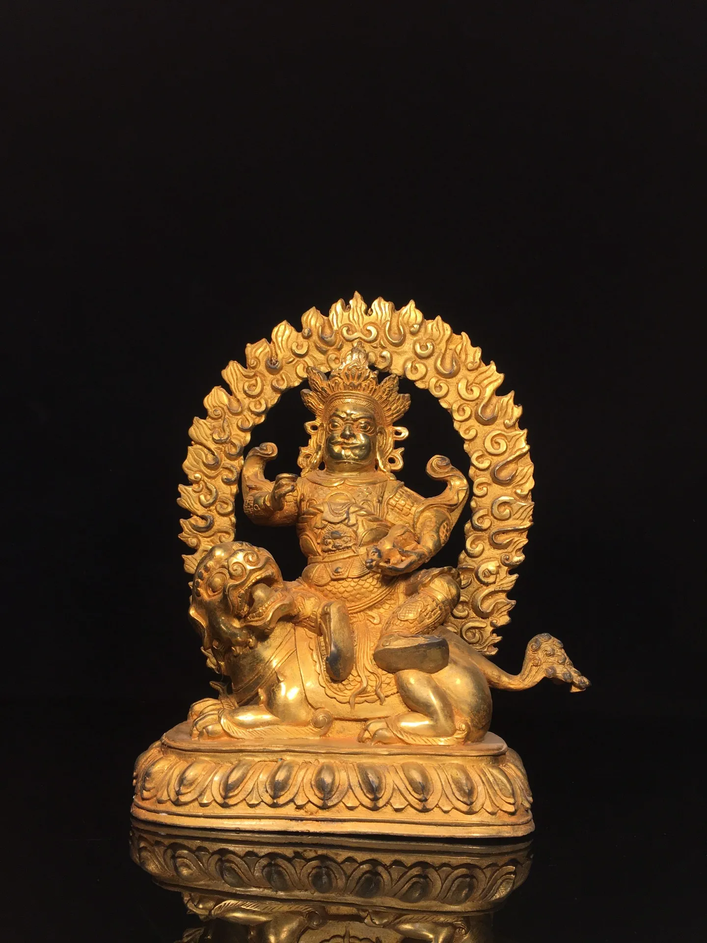 

10"Tibetan Temple Collection Old Bronze Gilded Vaisravana Black Jambhala God of Wealth lotus Sitting Buddha Worship Hall