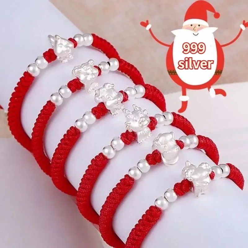 

Fashion 999 Sterling Silver Chinese Zodiac Dragon Charm Bracelet Men or Women Transfer Luck Handmade Red Rope Bracelets with Box