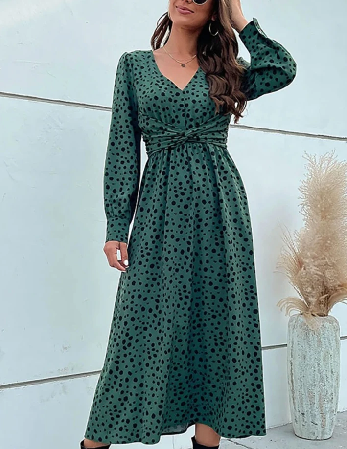 Fashion Autumn Women's V Neck Green Long Sleeve Leopard Print Dress Ladies High Waist Chic Dresses Vestidos