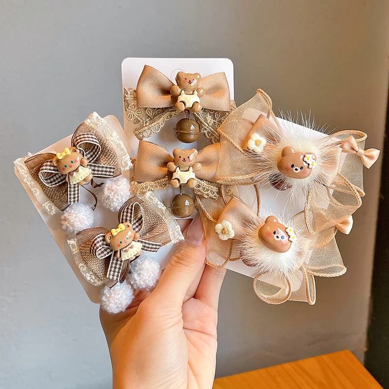 2Pcs/Set New Children Classic Bear Brown Bowknot Ornament Hair Clips Baby Girls Cartoon Barrettes Hairpins Kids Hair Accessories