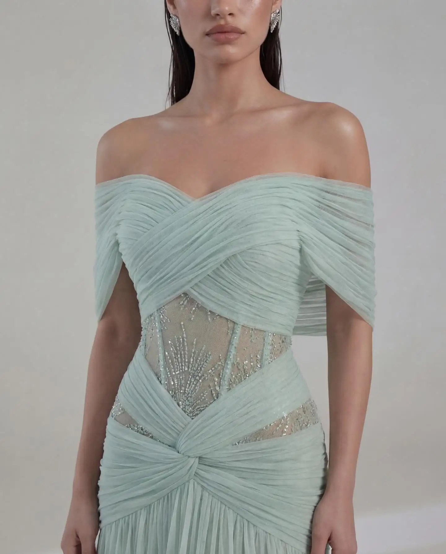 Sharon Said Evening Dresses Luxury Mermaid Chiffon Off Shoulder Pleated Corset Dubai Wedding Formal Party Gowns SF244 Customized