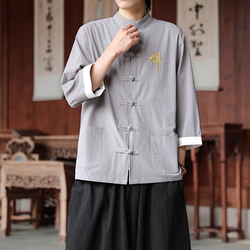 Elegant Chinese Style Frog Clasp Shirt with Zen Calligraphy Embroidery | 2025 New Arrival Boho Chic Men's Women's Top Plus Size