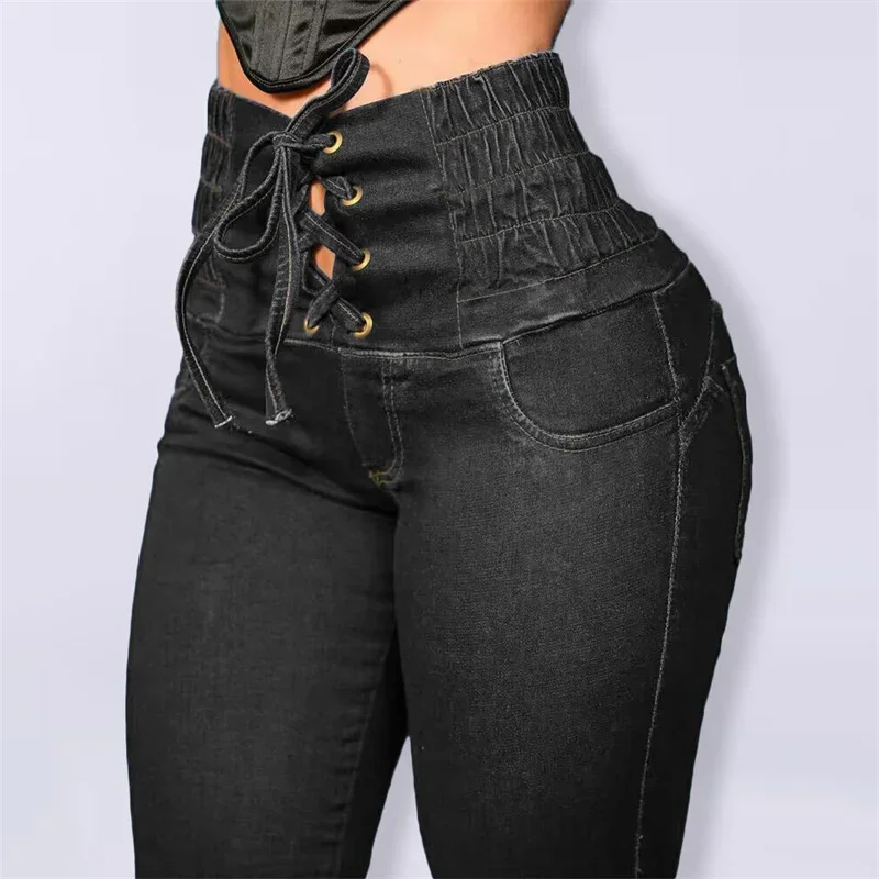 Fashion New Stretch High Waist Lace-up Pencil Jeans Women Slim Lift Hip Denim Pants Female Comfortable Casual Commuter Trousers