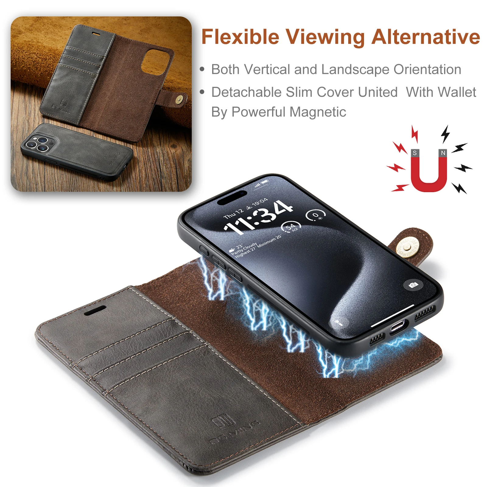 DG.Ming For iPhone 11 12 13 14 15 16 Pro Max Mini Luxury 2-Folding Wallet Case Detachable Leather Magnetic Flip Cover XR Xs Max