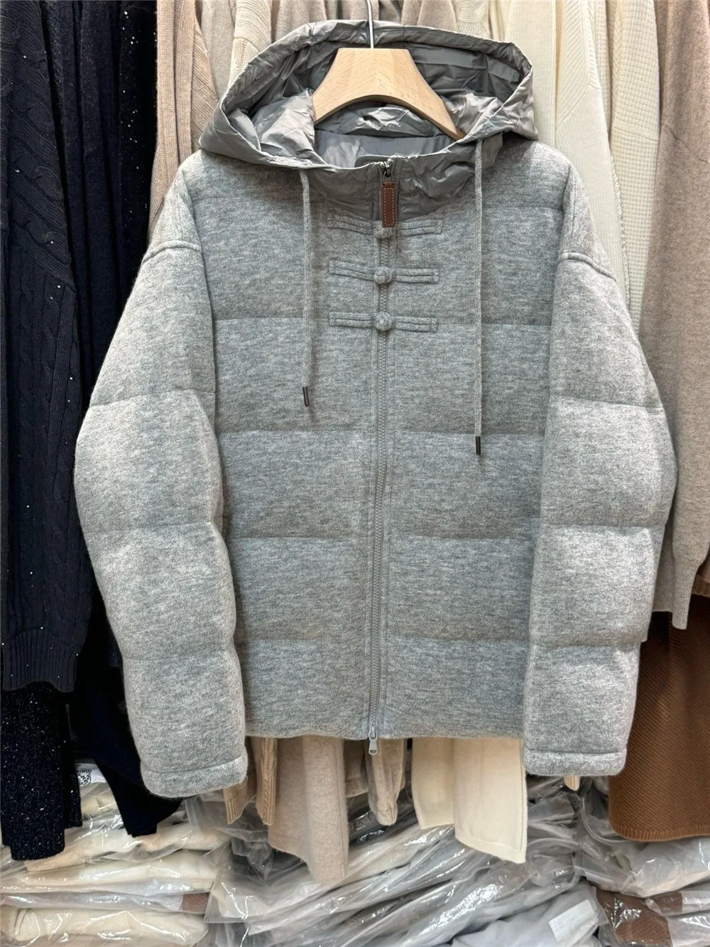 High-Quality Cashmere Knitted Stitching Goose Down Jacket Casual Loose Warm Hooded Bread Clothes